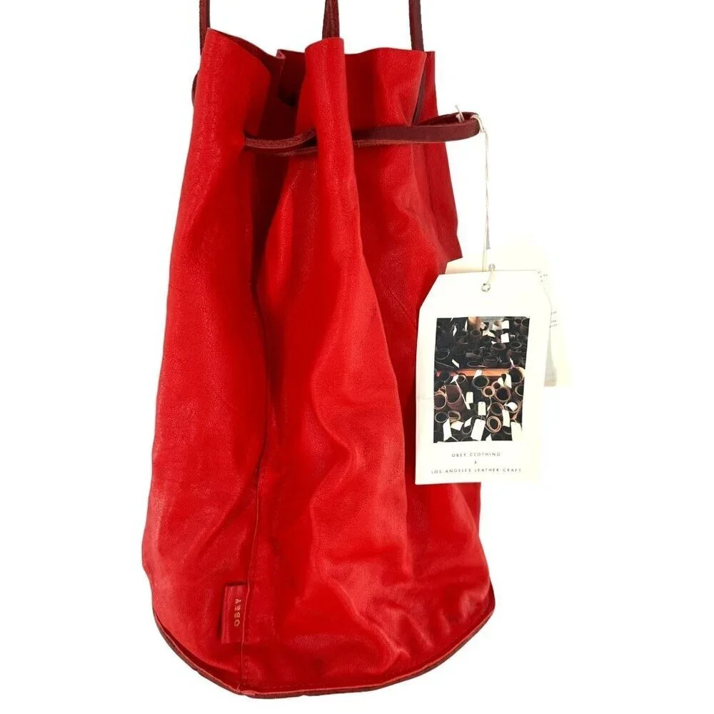 Rare NWT Obey x Los Angeles Leather Craft Rosyln Bucket Bag in Poppy Red